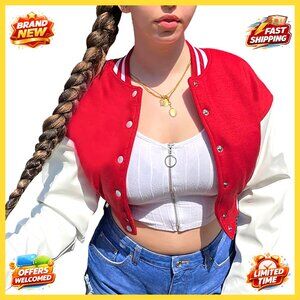 Faux Leather Baseball Bomber Jacket Crop Button Closure Casual Chic